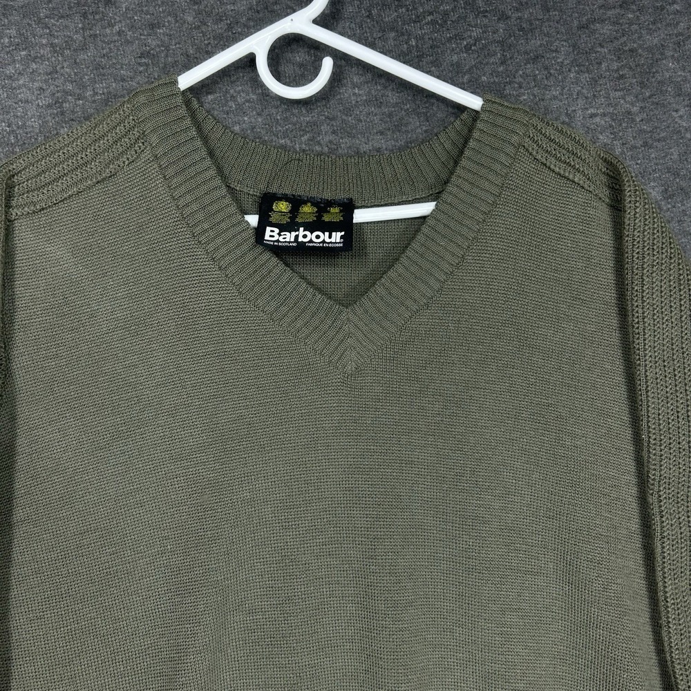 Barbour Sweater Mens XL Green V-neck D675 Fine Knit Pure New Wool Scotland - Picture 2 of 13